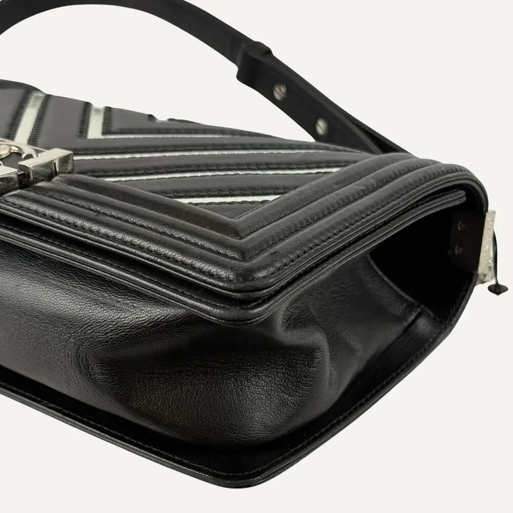 Chanel Boy Bag Medium Black Lambskin Iridescent Chevron Silver CC 17S  Women's